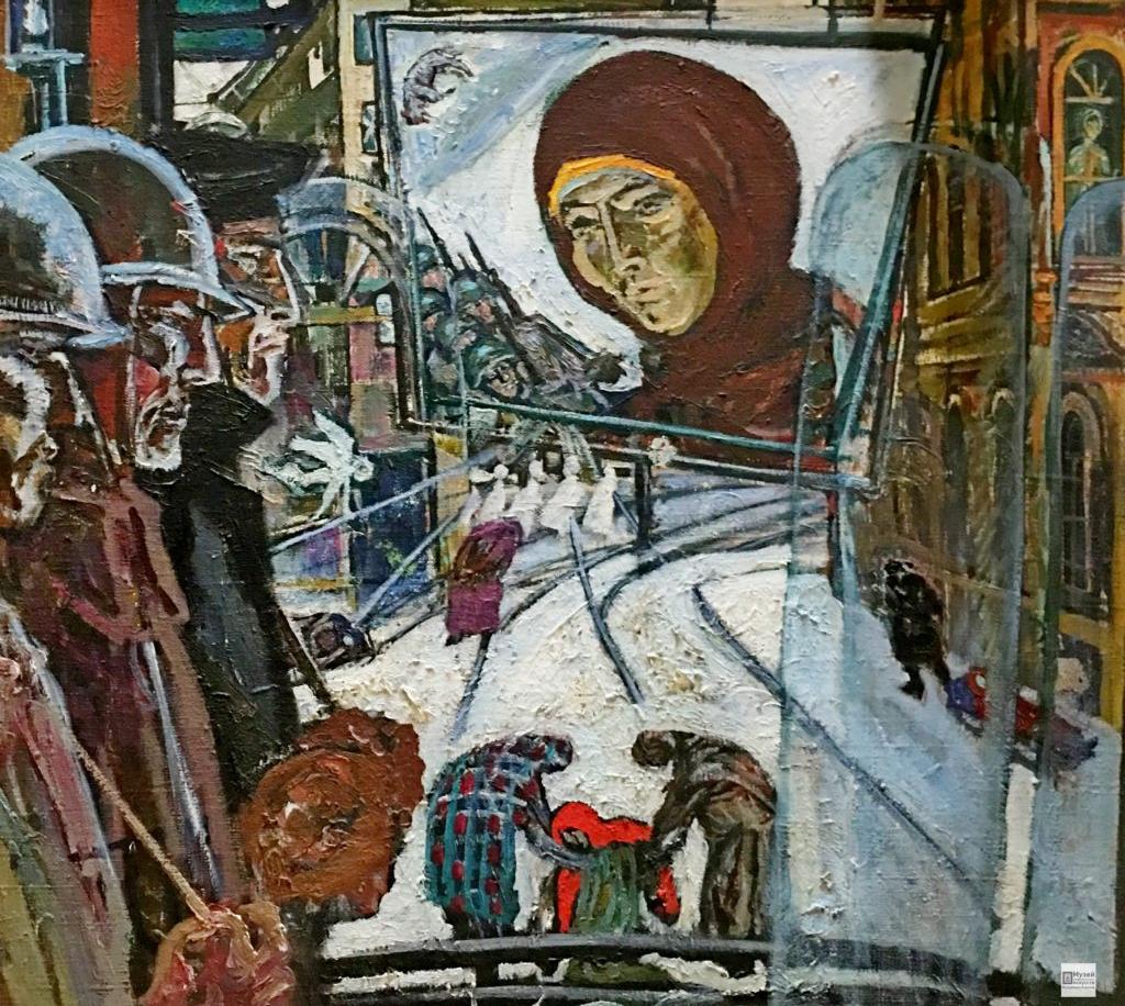 Raitiovaunun kuljettaja -taulussaan pietarilainen taiteilija Sergei Jakobtšuk on kuvannut Leningradin raitiovaunun, joka symboloi saarrettua kaupunkia. 0+. Kuva: Karjalan taidemuseon kotisivut