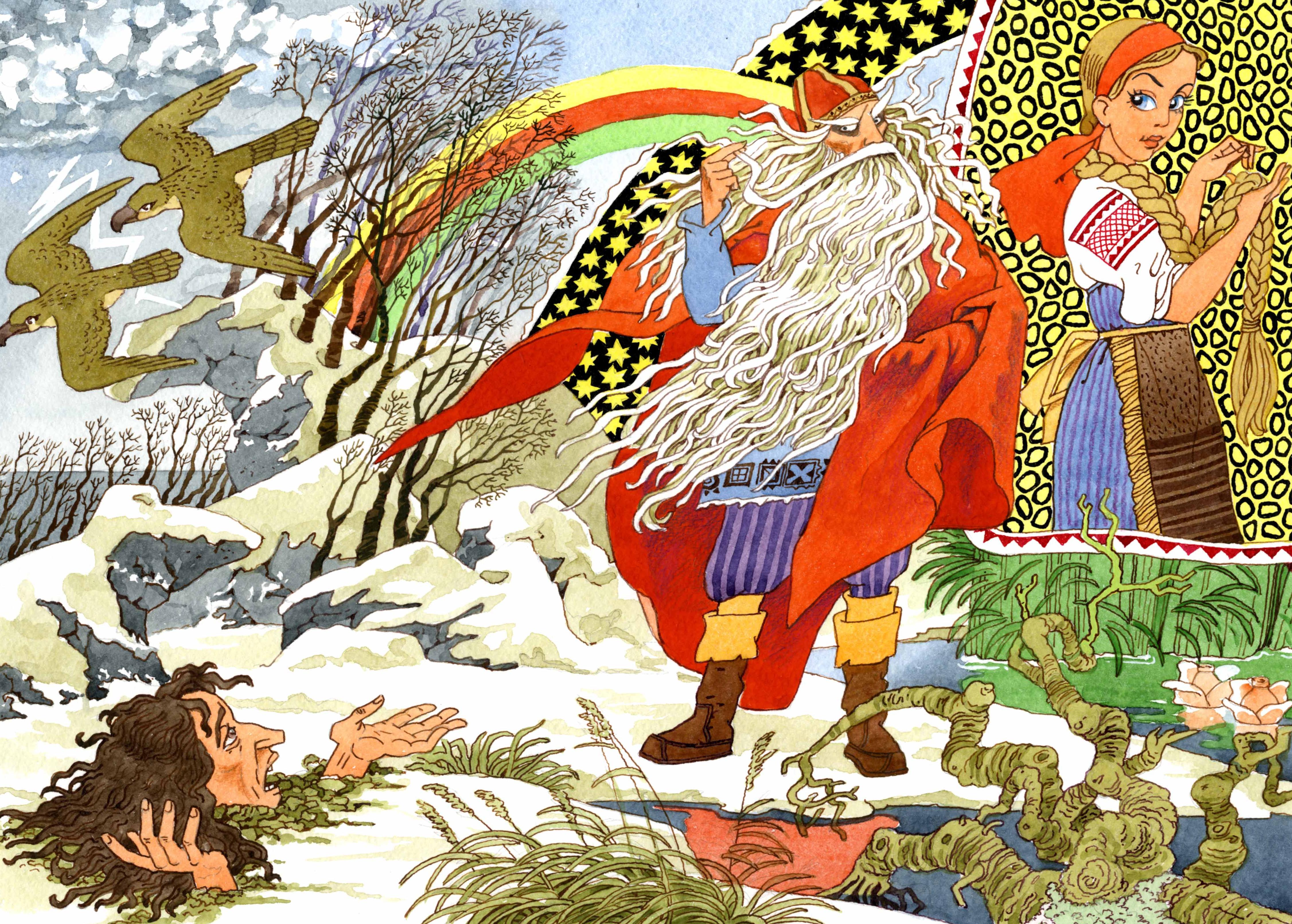 Petroskoilaisen taiteilijan Vladimir Lukkosen värikkäät kuvitukset houkuttelevat lapsia Kalevalan maailmaan. 0+. Kuva: Vladimir Lukkosen kuvitus