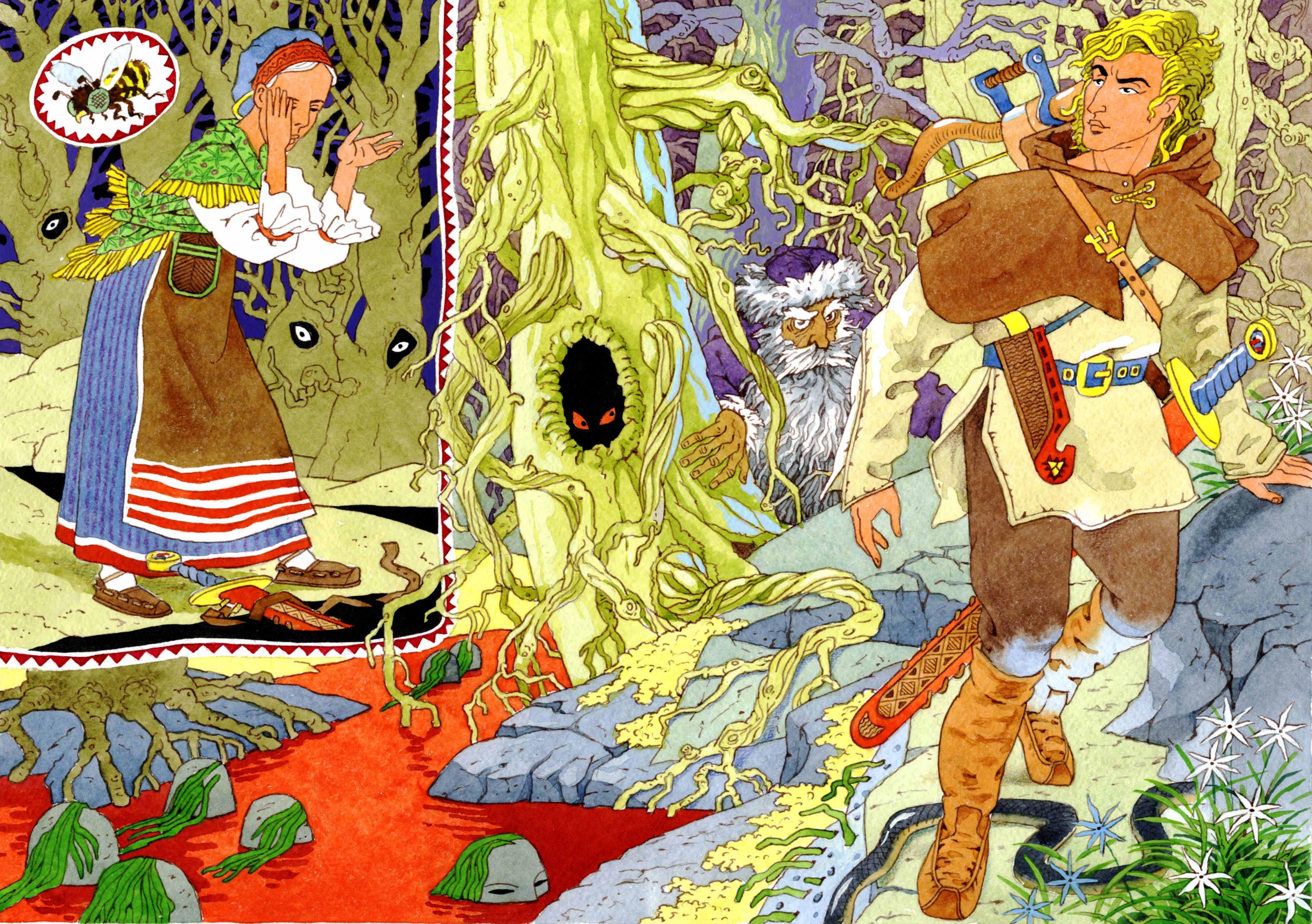 Petroskoilaisen taiteilijan Vladimir Lukkosen värikkäät kuvitukset houkuttelevat lapsia Kalevalan maailmaan. 0+