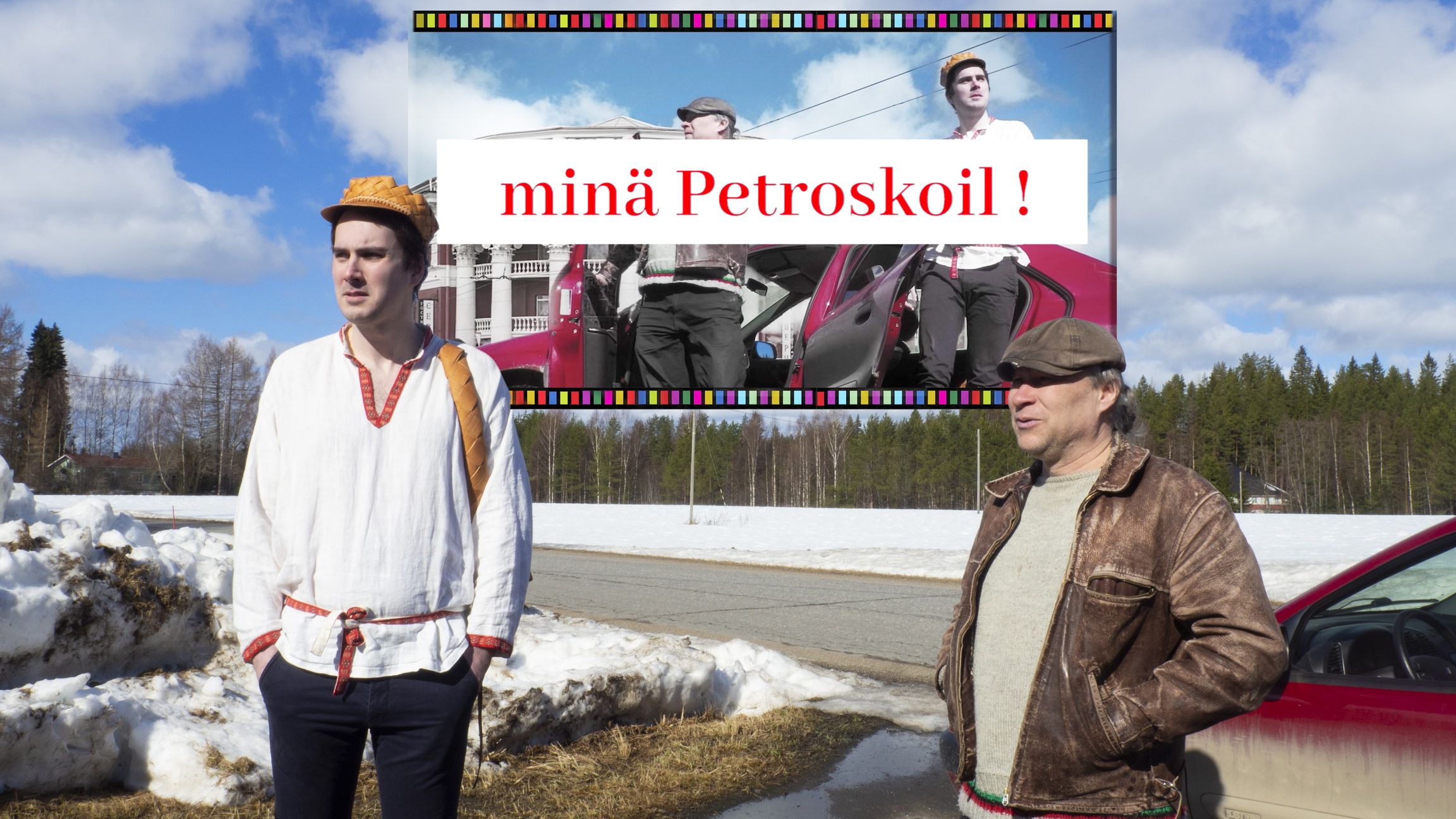 Myllärien Petroskoi -kappaleen videolla Petroskoin-matkaajia esittivät Timoi Munne (oik.) ja Tommi Tihtarinen. Määränpäähän päästiin arkistokuvia hyödyntämällä. Kuva: Parempi Pajot -hankkeen arkisto